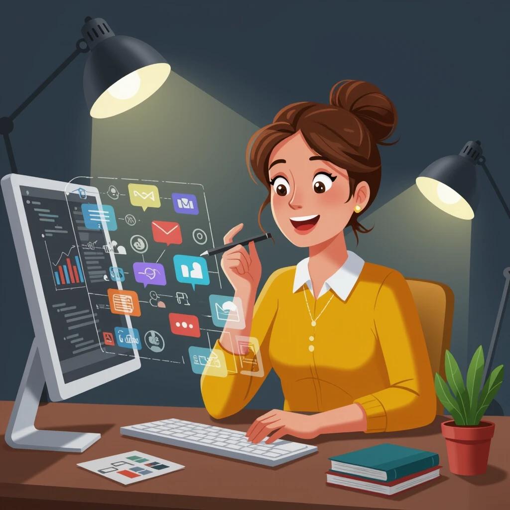 A woman sits at a desk using a computer. She interacts with a holographic interface displaying various icons and graphs. Bright desk lamps provide soft lighting. The workspace has modern elements and a plant in the background.