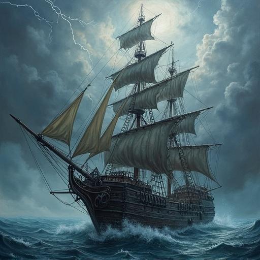 Dark fantasy oil painting of a cursed undead pirate ship. Ship made of bones and ribs. Gray wood melded with the structure. Lightning in background. Heavy clouds cover sky.