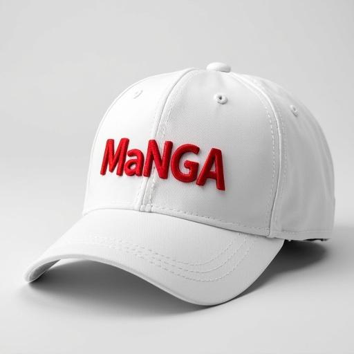 White cap designed with vibrant red letters. The letters spell out 'MaNGA' prominently embroidered on the front. Cap has a structured shape with a curved brim. Ideal for casual and streetwear fashion.