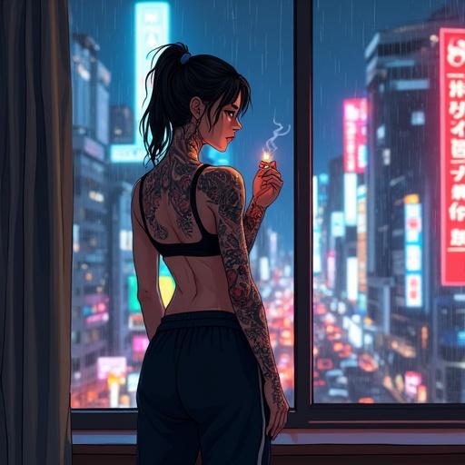 Muscular female yakuza stands in a modern apartment. Athletic build evident. Wearing slim-fit black sweatpants and a sports bra. Intricate Japanese irezumi tattoos on arms and back. Holding a lit cigarette. Gazing out the window. Minimalist interior. Tatami mats and contemporary decor. Outside vibrant neon lights of Tokyo's night skyline. Raindrops on glass. Bold cel-shaded linework. Dramatic lighting.