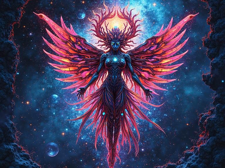 Striking depiction of a celestial being in stained glass style. Features glitch art elements, transparent washes, and warped reflections with neon colors.