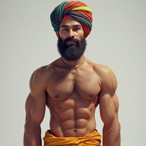 AI-generated avatar representing a fit man wearing a colorful turban. Strong body and confident posture.