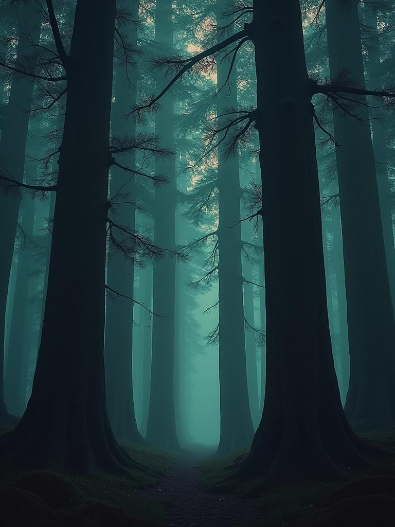 Tall dark trees shrouded in fog create a mysterious atmosphere with a faint light filtering through.