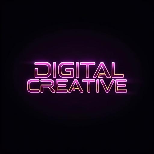 Logo design for the term digital creative. High tech font utilized. Color scheme of purple, gold, black, and white. Sleek and slightly glowing bold font. Vibrant neon colors used. Includes geometric elements. Soft gradients enhance 3D glowing effect. Metallic logo has polished chrome edge.