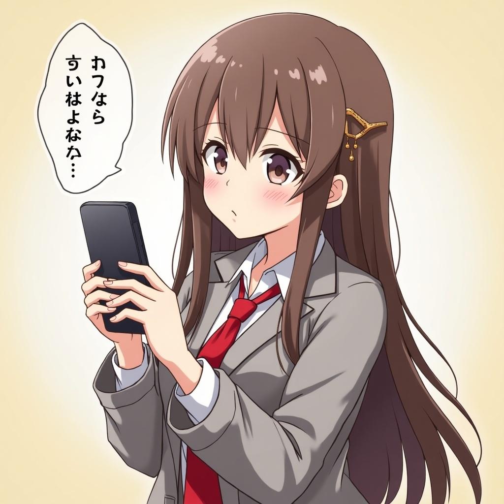 Anime character holding a smartphone in a casual pose. Character has long hair and wears a suit with a tie. The background is a soft gradient.