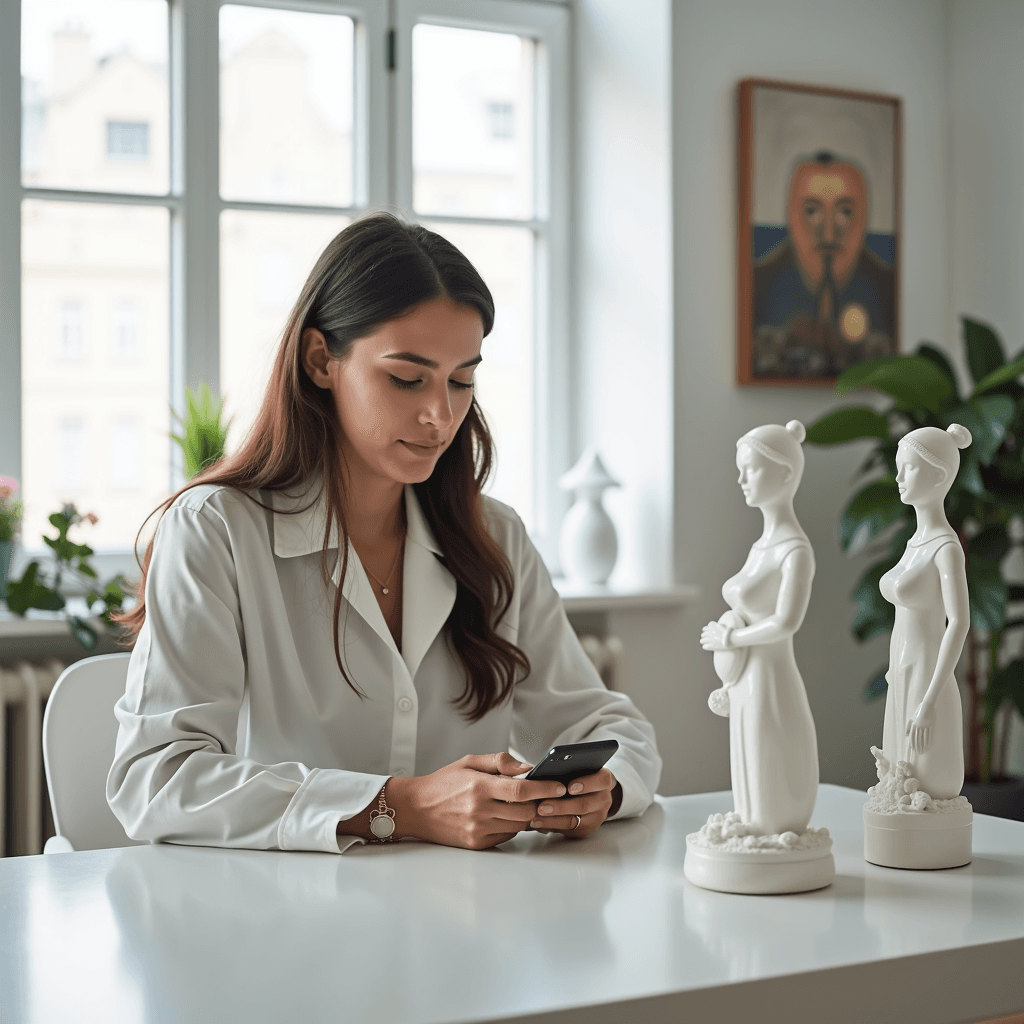 A woman in a white shirt is seated at a desk in an art-filled office, looking at her phone beside two elegant sculptures.