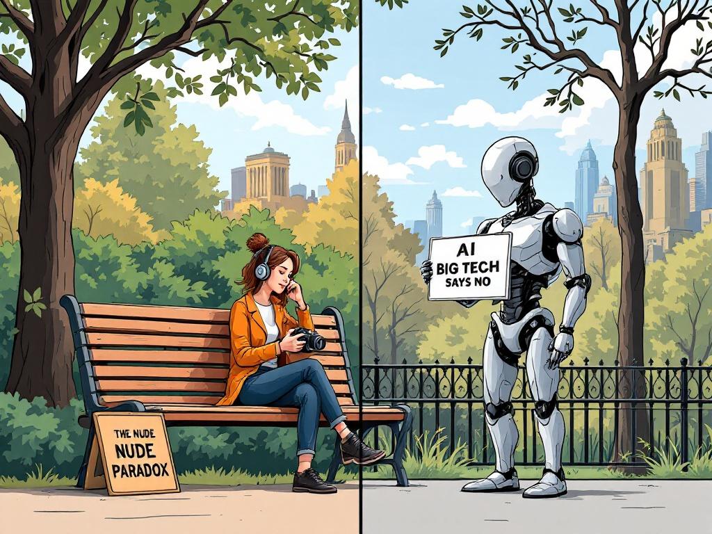 Horizontal political cartoon titled THE NUDE PHOTOGRAPHY PARADOX. Left side shows a calm woman in Central Park with a camera and sign US LAW. Right side shows a robot with a sign NUDE PHOTOGRAPHY and a speech bubble AI BIG TECH SAYS NO. Clean editorial style with bold outlines and soft colors.