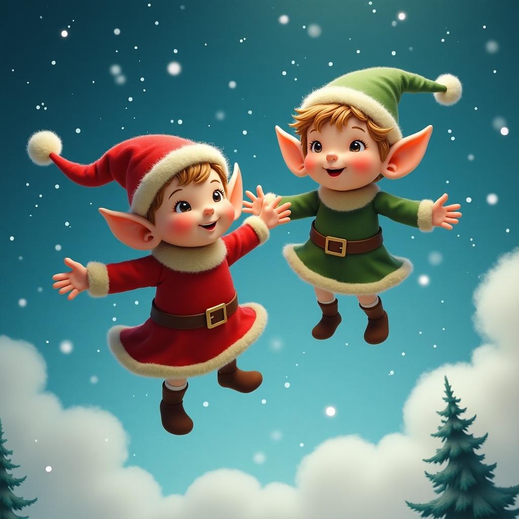 Image shows two small elves wearing red and green outfits flying in a winter sky decorated with stars. Elves are cheerful with pointed ears and wear festive attire like hats and belts. Background features fluffy clouds and evergreen trees.