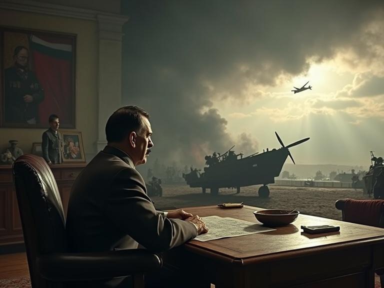 Dramatic scene featuring a figure at a desk examining maps with military tensions in a war setting. Include atmospheric elements with planes flying and troops landing in the background.