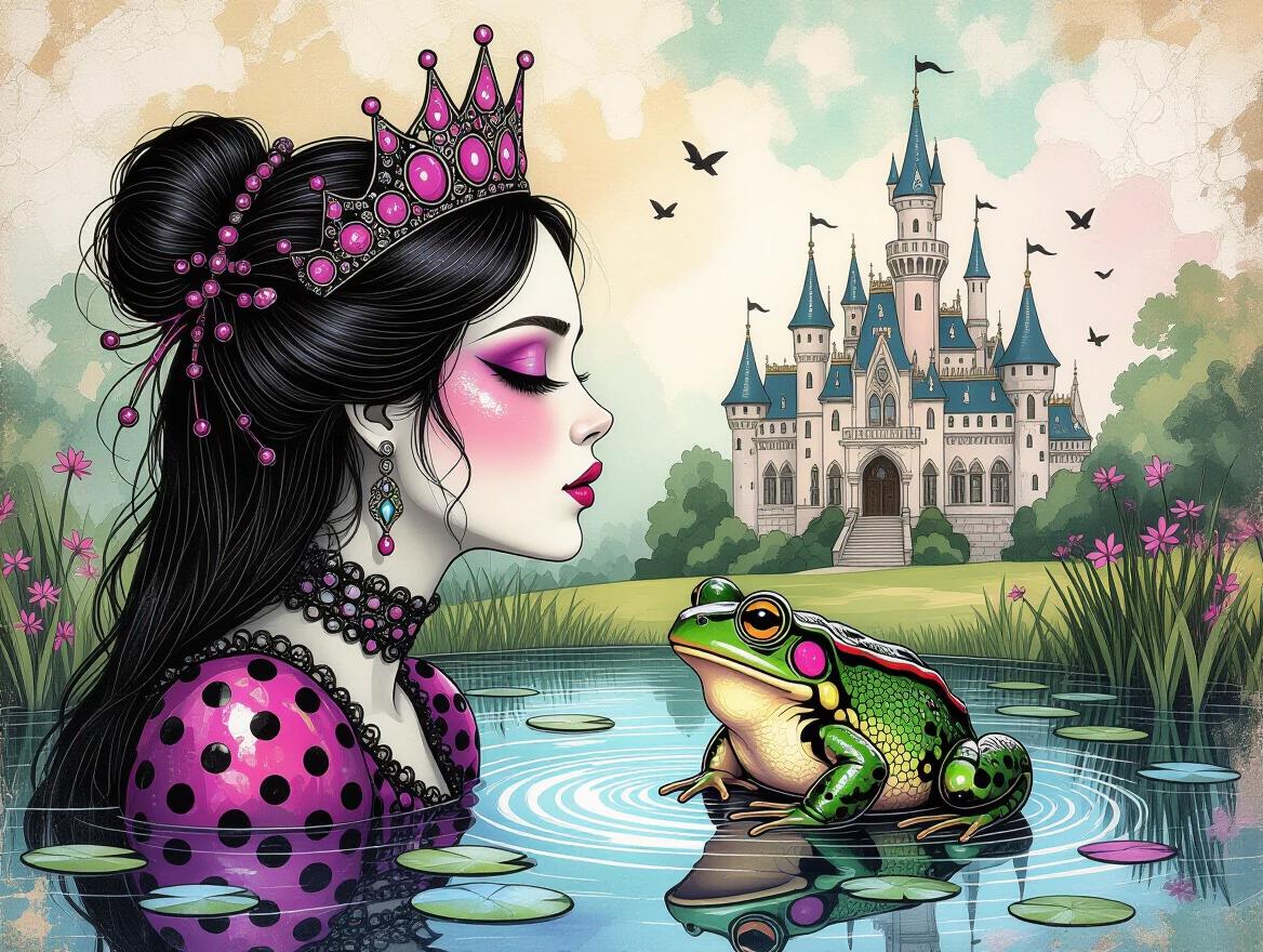 A princess with pink and black gothic style is kissing a frog by a pond. A majestic castle is in the background. The image features a highly detailed hand-drawn sketch with colorful ink flow and watercolor splash. It has a mysterious mood and a distressed texture.