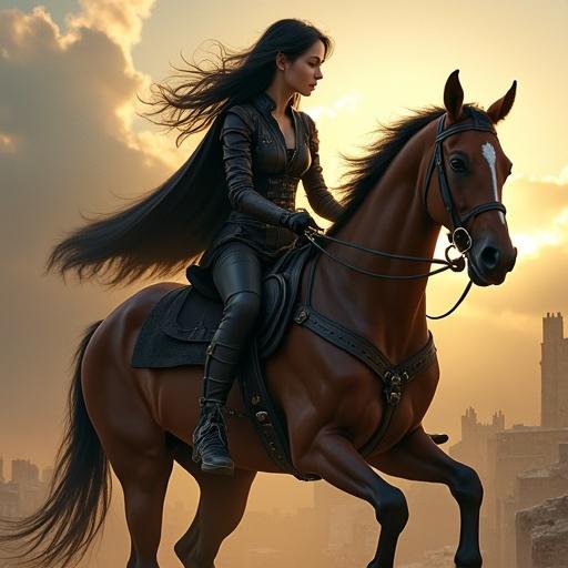 A female elf with black hair is riding a horse. The elf appears to be in the process of falling off the saddle.