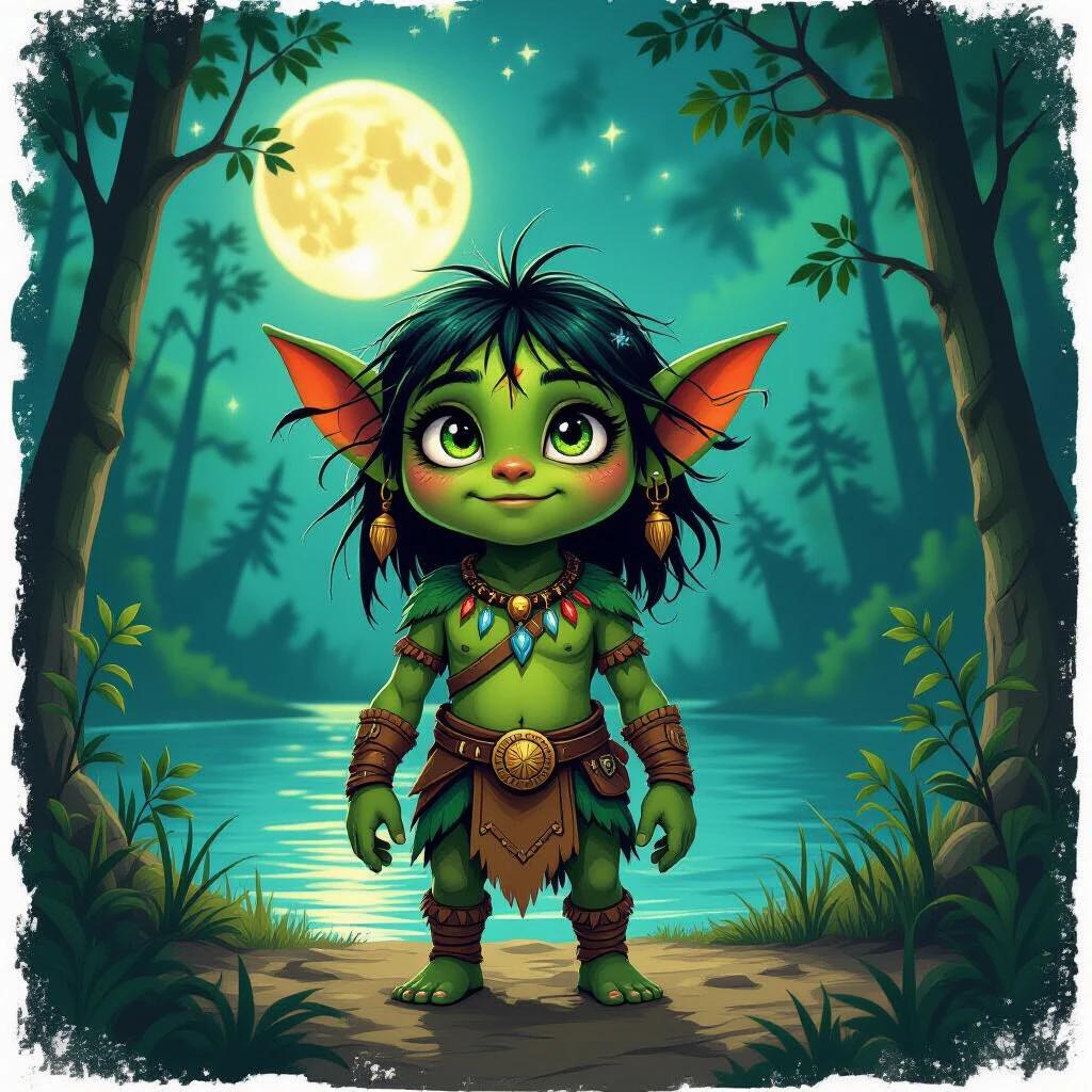 Ñawi is a small being with green skin standing by a moonlit lagoon. The character has large ears and a playful appearance. The forest surrounds the lagoon creating an enchanting atmosphere.