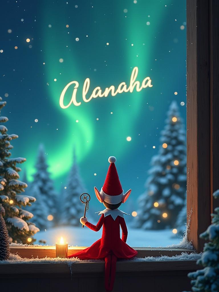 Elf on the shelf with a red outfit seated by a window. Elf looks at night sky. Elf holds a wand. Magical northern lights in the background. Name 'Alannah' written in sky.