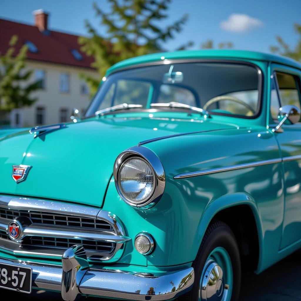 Ultra sharp archival photograph of classic 1950s Trabant East German car in custom turquoise paint. Car occupies 90% of the frame. Clear details on water droplets and steering wheel texture. Background features turquoise ocean waves in long exposure mist. Artistic representation of automotive craftsmanship in sunlight with no distractions.
