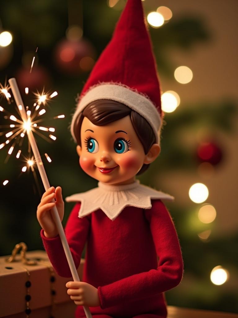 Charming red elf doll holds a sparkling wand. Background features Christmas decorations and lights. Emphasizes holiday spirit.