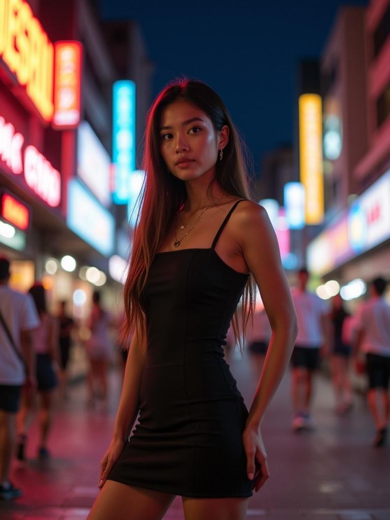 The image shows a young Thai woman standing confidently on a lively street at night. She wears a short bodycon dress and high heels. Neon signs illuminate the background. The ambiance is dynamic and energetic. The lighting emphasizes her pose and the urban atmosphere around her.