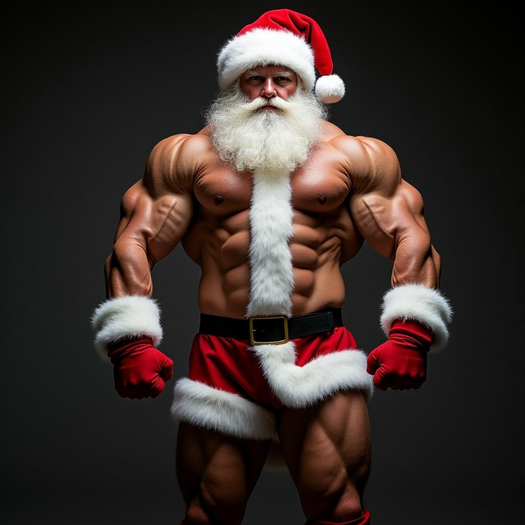 This image features a muscular Santa Claus, exuding strength and power. He is wearing a classic red and white Santa outfit, but it’s tailored to showcase his impressive physique. His beard is long and white, adding to the iconic Santa look. The background is dark, emphasizing his figure. The lighting catches the contours of his muscles, creating a dramatic effect. This portrayal combines holiday spirit with fitness culture, making it a humorous yet powerful image.