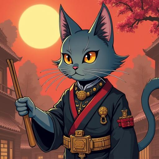 A janissary cat character in anime style. The cat stands confidently, holding a stick. The background features a sunset with silhouettes of traditional buildings.