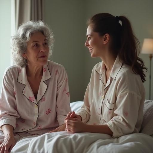 A strict American housewife in pajamas holds a wooden paddle. A young woman sits on the edge of a bed looking shocked. They are engaged in a significant conversation. The setting is a cozy room.