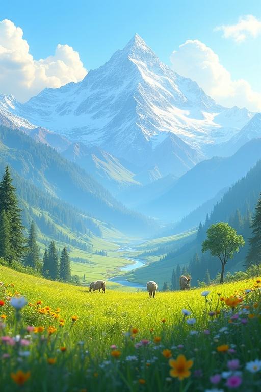 A stunning serene scene of the Kashmir region with towering snow-capped mountains in the background. Icy peaks glisten under the sunlight. A lush vibrant green meadow filled with colorful wildflowers swaying gently in the breeze is in the foreground. The sky is a soft blue with fluffy clouds. Soft Pixar-style lighting bathes the scene in warmth. Grazing animals like sheep or deer can be seen in the distance. Smooth Pixar-style textures detail the mountains. The atmosphere is calm and magical with rolling hills and a distant view of a river cutting through the valley.