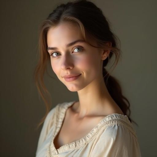 8K portrait of a 25-year-old woman from a European village. She has brown hair tied back neatly. Her skin is porcelain fair without blemishes. The aura is soft and maternal. Eyes are gentle and almond-shaped. She has flat eyebrows. The smile is elegant and maternal. Wearing a simple linen dress in earthy tones. Ample bust is visible under the fabric. The lighting is realistic with soft shadows. Background is clean and unobtrusive.