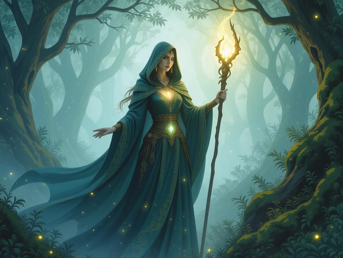 Painterly fantasy illustration. Mystical sorceress in flowing robes. Holding staff with crystal. Standing in enchanted forest filled with fog. Surrounded by fireflies. Soft ambient light. Ultra-detailed artwork. Masterpiece quality. Epic composition.