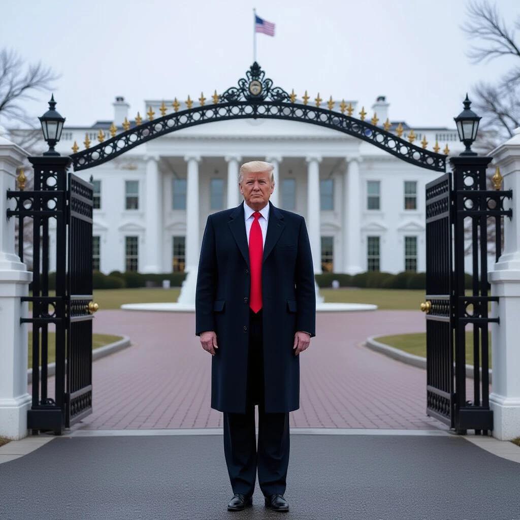 Donald Trump stands at the White House gates wearing a black coat and red tie. The White House is visible in the background. A cloudy day enhances the atmosphere.