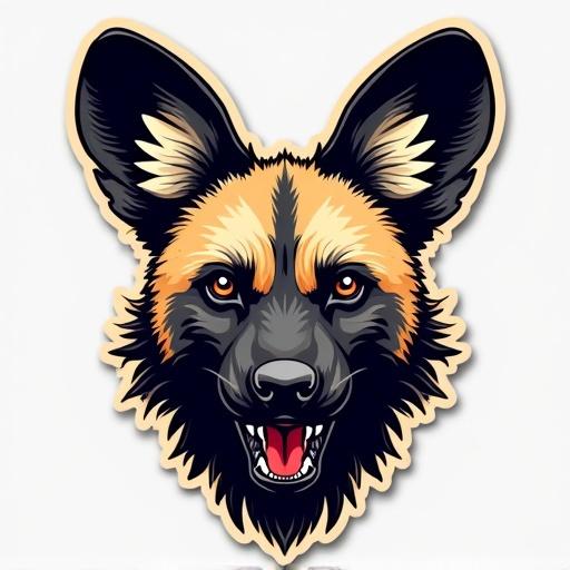 Sticker art representation of a Poison Type African Wild Dog. Depict fierce expression with exaggerated features. Use bold outlines and vibrant colors. Design should attract attention with a cartoonish style.