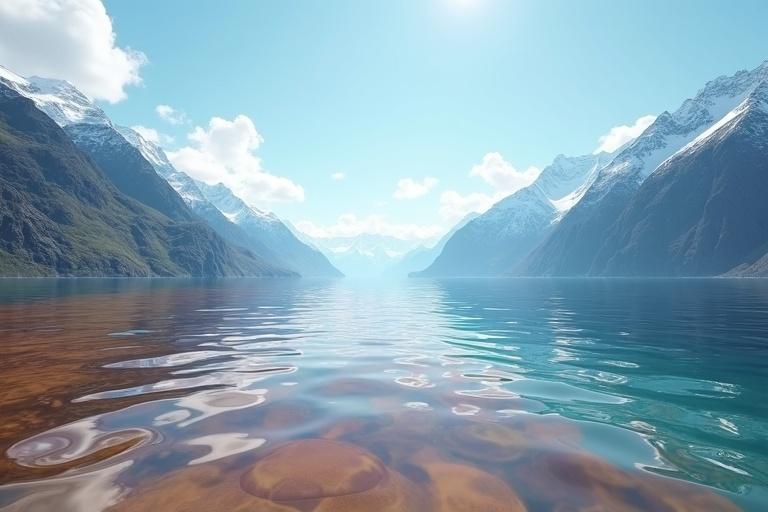 Hyper-realistic view of a wide river in 16:9 format. River has brown-orange on left and deep blue on right. They blend without a visible boundary. Detailed water texture with soft ripples. Snow-capped mountains tower in front. Mountains fill upper half of frame, rocky slopes and snowy peaks sharply defined. Bright daylight lighting creates an immersive landscape.