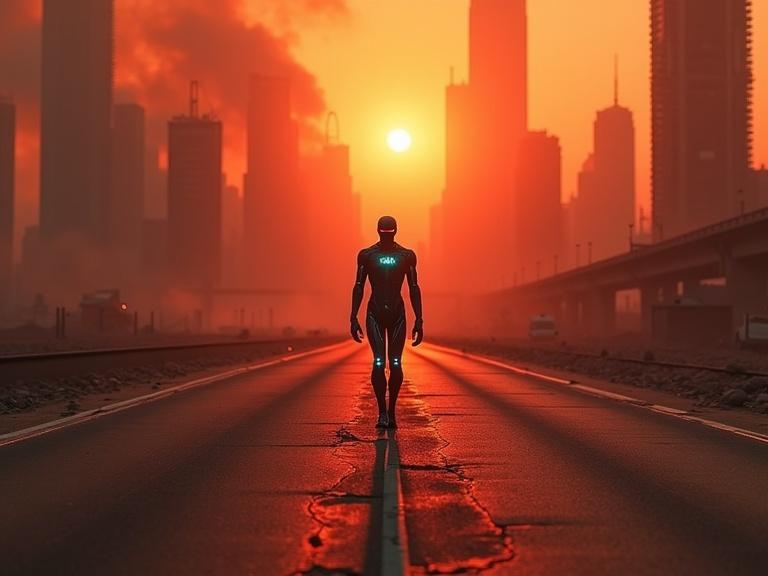 Aerial view of a post-apocalyptic megacity at dusk. Collapsed skyscrapers and burning vehicles are visible. A lone figure in a biomechanical exosuit walks on the highway. The scene is illuminated by a red-orange sunset with smog. High detail and photorealistic rendering.