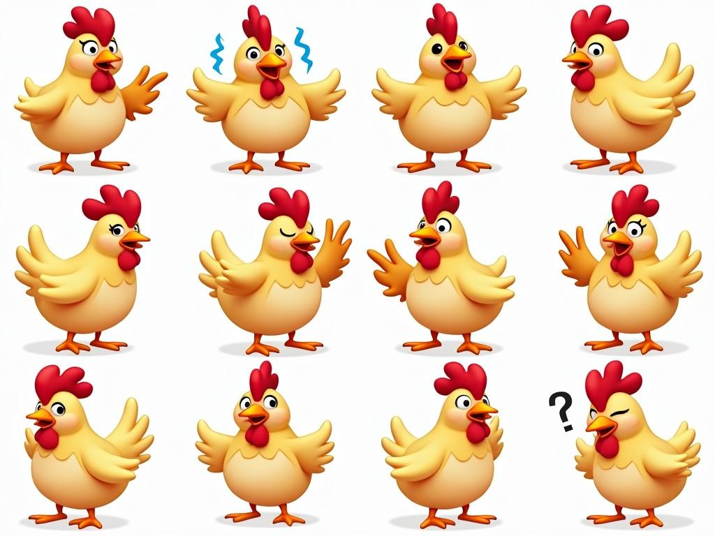 This image depicts a charming and whimsical sequence of illustrated cartoon chickens, each displaying a variety of expressive gestures and emotions. The chickens are portrayed with soft yellow feathers, orange feet, and vibrant red combs. Each chicken, set against a plain white background, exhibits unique expressions that convey emotions ranging from surprise and confusion to contentment and cheerfulness.