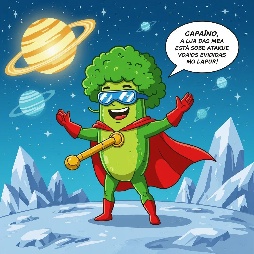 Cartoon image of Captain Broccoli, a vegetable superhero with laser eyes, on a distant planet. He wears a cape and sunglasses, striking a heroic pose. The background features planets and mountains, creating a colorful outer space atmosphere.