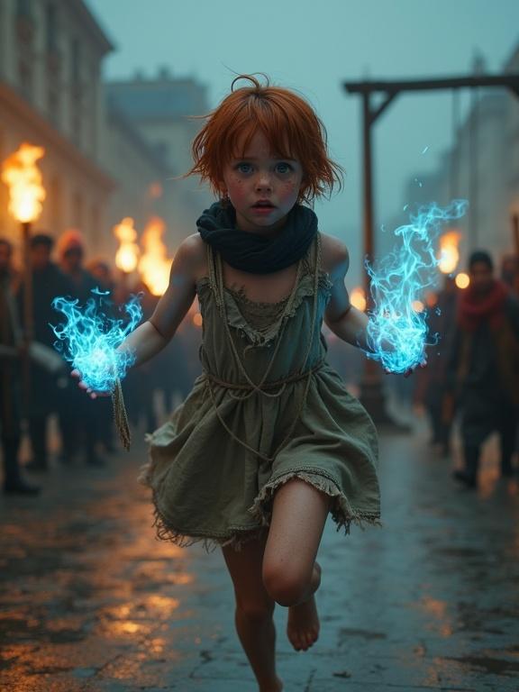 Photorealistic image showcasing a young girl with auburn hair and blue flames emanating from her hands. She has a frightened expression and is barefoot in a torn dress running away from rioters in a city square at night. A burning gallows platform is in the distance.