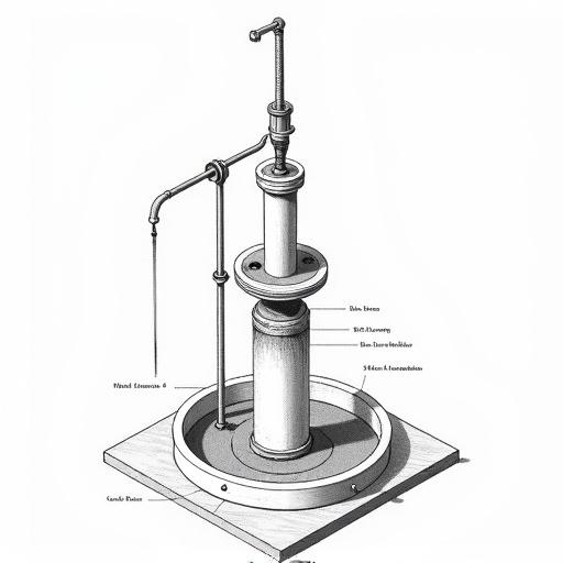 Isometric illustration of Heron’s Fountain variation with reinforced bellows mechanism and straw. Central column significantly taller at 4 feet higher. Components labeled: central column, bellows, straw, basin, and connecting tubes. Clean technical drawing style.
