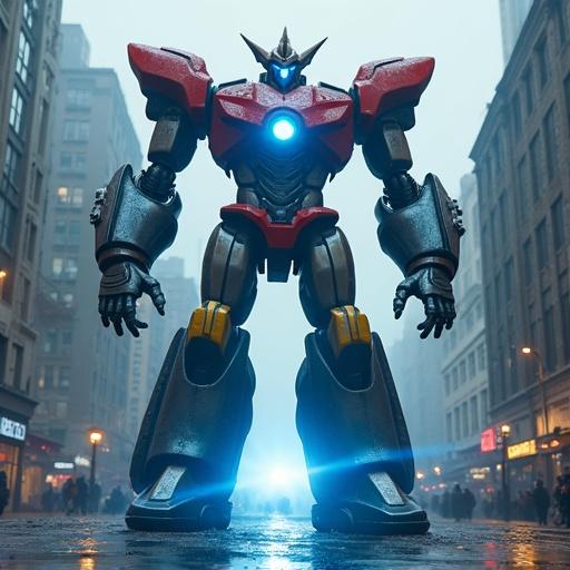 Create an image of a colossal biomechanical robot made of sleek metal. Robot is 250 ft tall with glowing blue details. Background is a bustling town with traffic and pedestrians. Atmosphere is dark and cloudy with soft reflections and shadows. Include elements like energy and sparks.