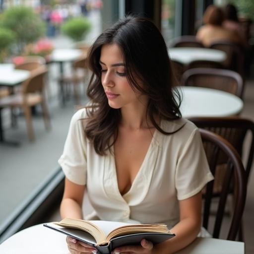 A realistic image captures a woman sitting at a café table outside, reading a book. She has dark hair with a strand of white hair. She wears a summer blouse. Visible cleavage is present.