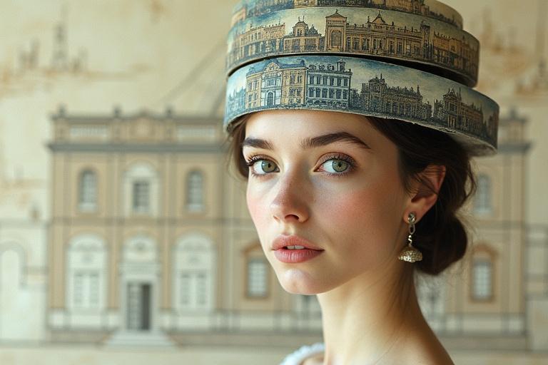 Surreal stylized portrait featuring a young woman against architectural blueprints. A uniquely designed headpiece with building images and a calm expression. Muted earthy colors with soft lighting.