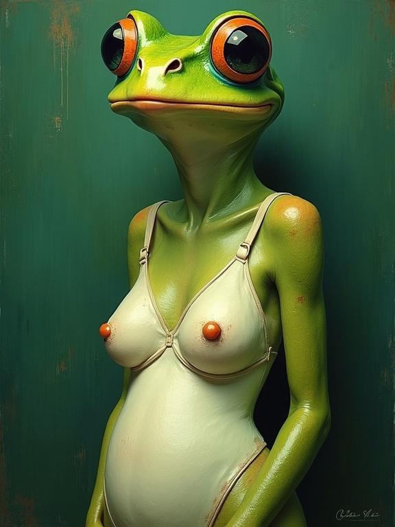 A minimalist digital painting of a surreal frog-woman portrait with detailed textures and vibrant colors
