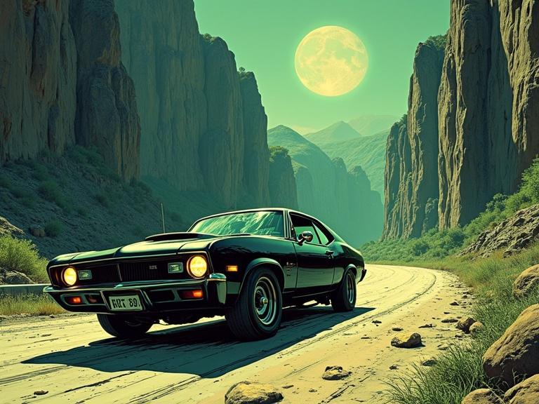 Powerful black muscle car on winding road in La Huasteca Canyon. Monumental limestone rock formations rise high. Sunshine creates strong contrasts. Small climbers on rocks are visible. Vintage greenish-blue tint adds character. Film grain and scratches enhance the retro feel.