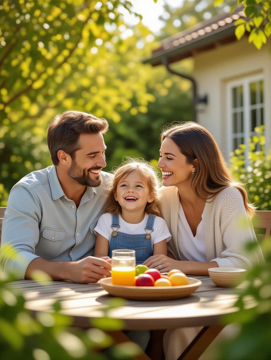 Happy family enjoying time together in beautiful home garden showcasing natural outdoor lighting with genuine smiles and laughter capturing a photorealistic candid moment featuring warm natural colors in professional lifestyle photography.