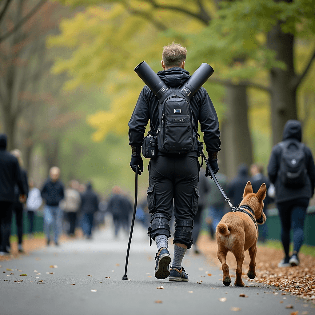 A person walking a dog through a park with fallen leaves, carrying a hiking backpack and poles.