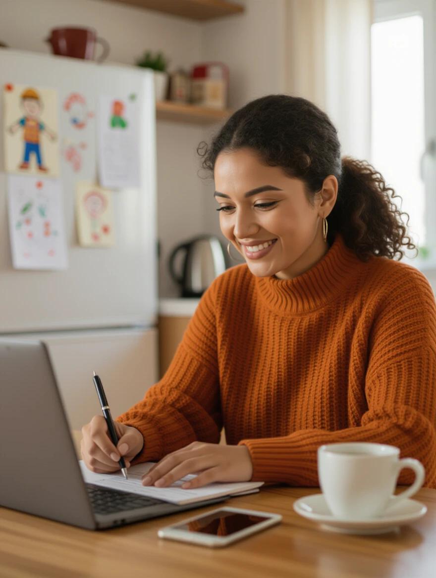 Close-up image of a woman focused on writing notes while using her laptop. Background features children's drawings on a fridge and a cup of coffee. A tablet is placed nearby. The setting is warm and realistic, depicting a cozy home environment.