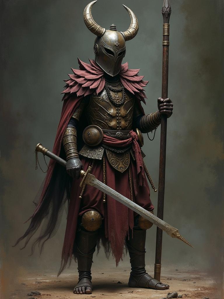 A fantasy warrior stands straight while wielding a keris sword. The figure is dressed in elaborate armor and a flowing cape with a regal presence. Horned helmet and ornate details create a powerful image. The character looks confident and battle-ready as they hold a weapon.