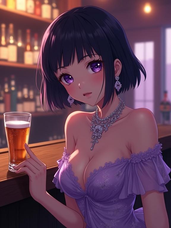 Anime lady with fair skin and a dark violet bob haircut. She has captivating violet eyes. Wearing intricate earrings and a shimmering necklace. Off-shoulder lilac gown drapes over her slim figure. Seated at a vintage bar holding a glass of beer with confidence. The ambient light enhances her elegance.