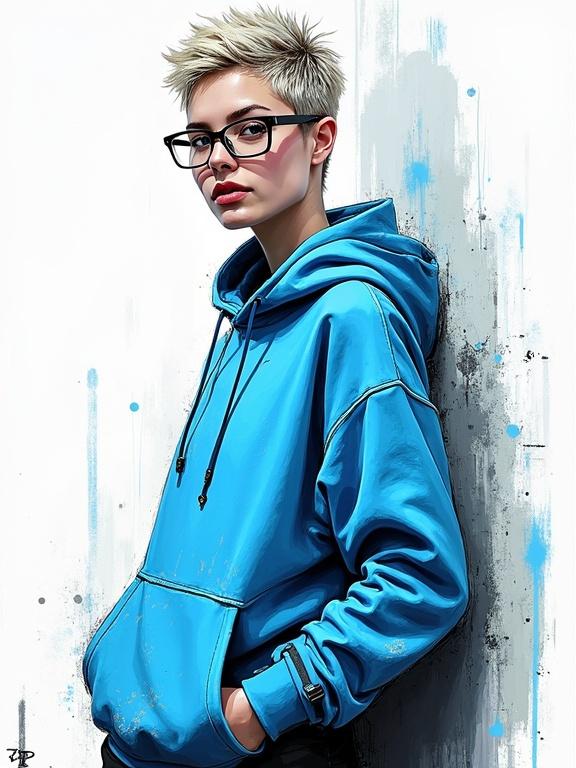 Digital graffiti art of a woman with small rectangular glasses and a short blonde undercut pixie. She has a flawless face and is looking at the viewer. She wears a light blue hoodie and the rest of her outfit is black, scribbled in ink. The background features dark ink splatters.