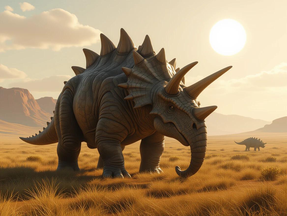Massive herbivorous Ridgeback Goliath cross between elephant and triceratops grazes in vast alien savanna under twin suns. Style of realistic creature design, epic scale, believable anatomy, highly detailed, natural light, cinematic.