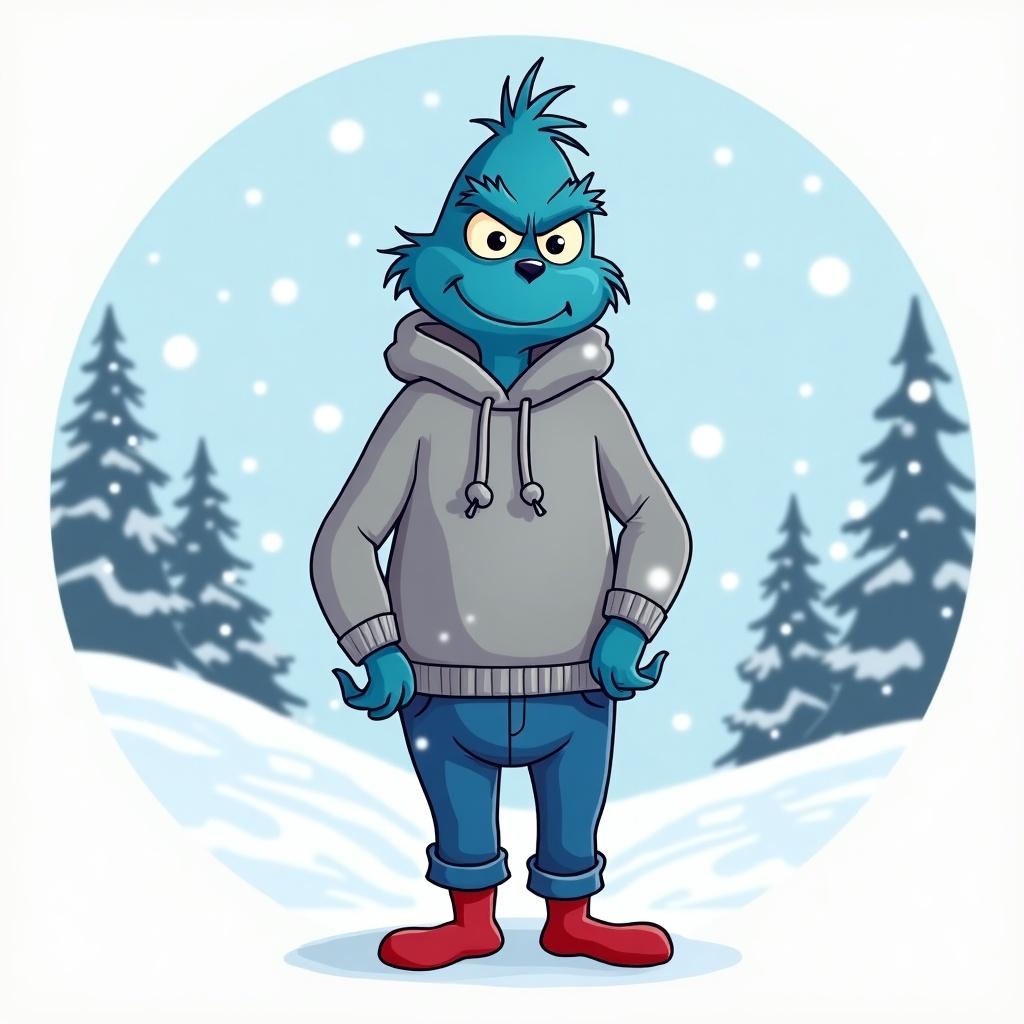 Blue Grinch character standing in snow. Circular image. Wearing a grey knitted sweater, blue jeans, and red shoes. No TikTok symbols.