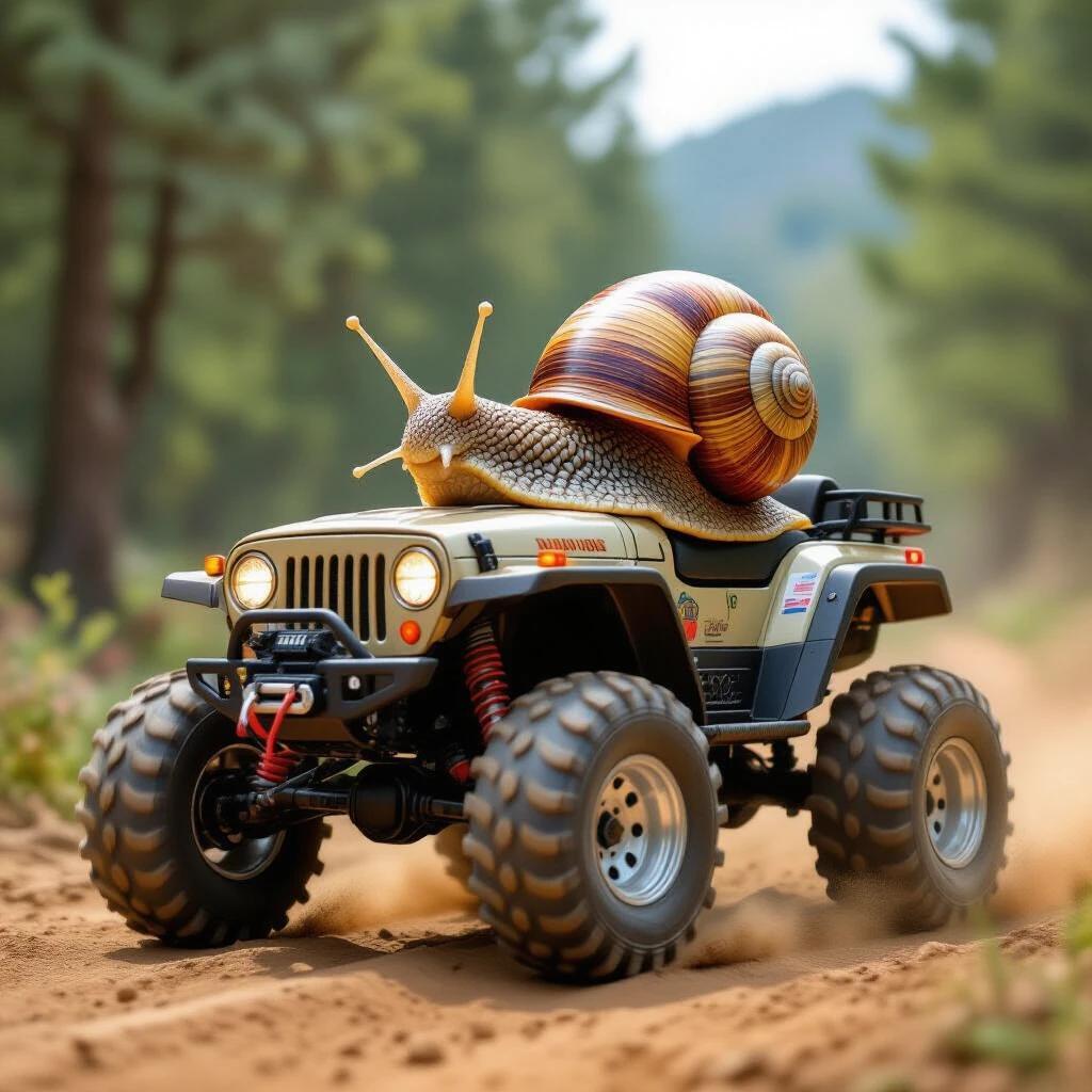A snail rides atop an off-road rover. The vehicle has big four wheels and shock absorbers. The snail is large and colorful. The background features trees and dirt path.