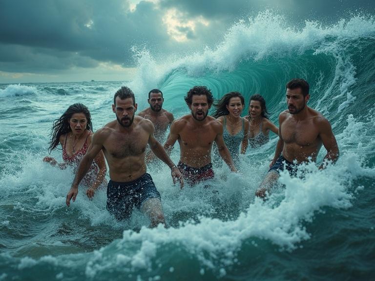 A terrifying ocean whirlpool pulls in seven adults. A diverse group of men and women panics. Some are dragged into the vortex, screaming or reaching for help. Others swim away, faces filled with fear and hopelessness. One clings to a broken piece of wood. The chaotic sea has crashing waves, foam, and debris. The sky spins with dark clouds and distant lightning. Cinematic lighting captures tension, with splashing water, wet skin, and intense facial expressions.