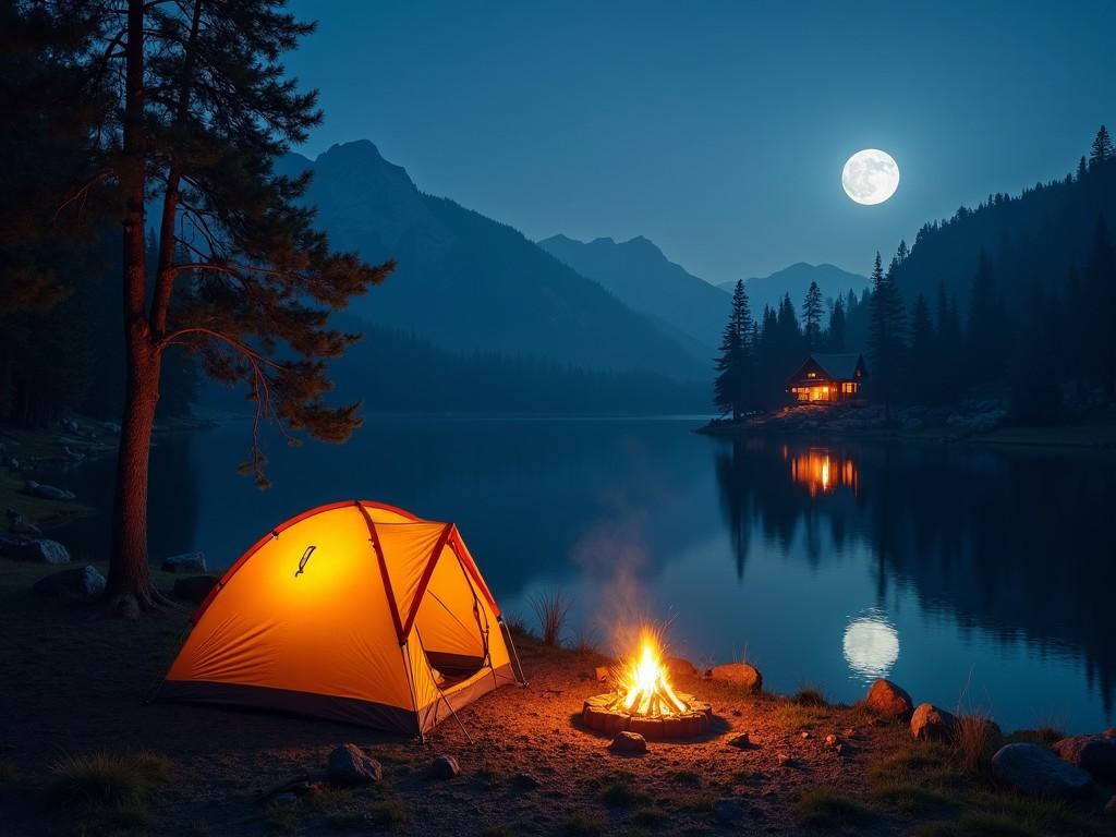 The scene captures a tranquil camping site by a lake under a full moon. A bright orange tent stands illuminated next to a warm campfire. In the background, serene mountains rise against the night sky. A cozy cabin is visible across the lake, reflecting the moonlight. The atmosphere is peaceful and inviting, perfect for outdoor enthusiasts and nature lovers.